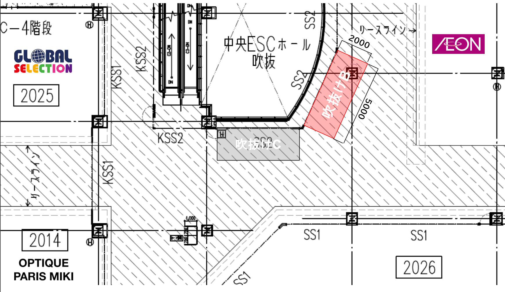 2Fセントラルコート吹抜けC(南側)の図面・フロアマップ