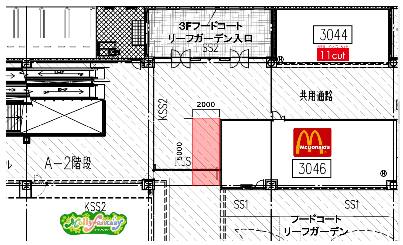 3Fフードコートリーフガーデン入口前の図面・フロアマップ