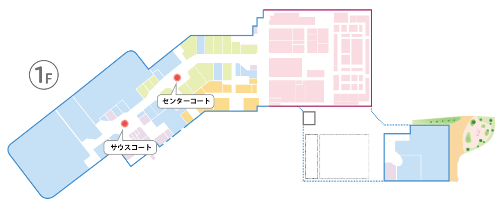 『1F センターコート』-専門店街の中心に位置するイベントコート:クリスマスシーズンにはツリーが輝く人気スポットの図面・フロアマップ