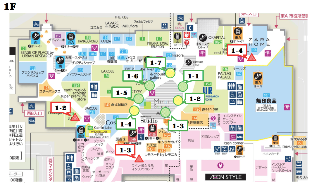 モール内広告 柱巻きポスター・三⾓什器ポスターの図面・フロアマップ1