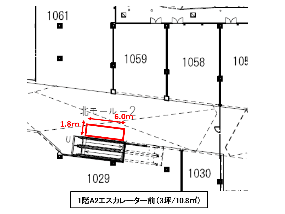 1F A2入口エスカレーター前の図面・フロアマップ